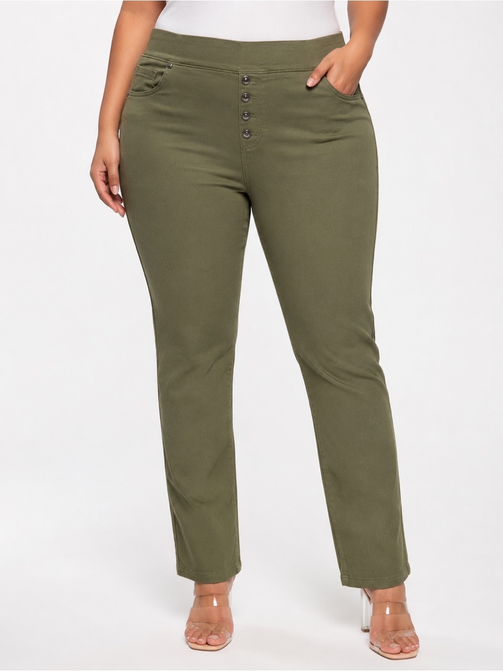DQ² by DQ Collection Olive Green Pull-On Skinny Pants 2X Button Front Stretch